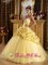 Hillcrest South Africa Custom Made Modest Beaded Decorate Yellow Quinceanera Dress With Hand Made Flowers And Pick-ups