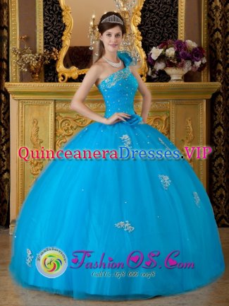 Congleton Cheshire One Shoulder Fabulous Quinceanera Dress For Teal Tulle Appliques Ball Gown