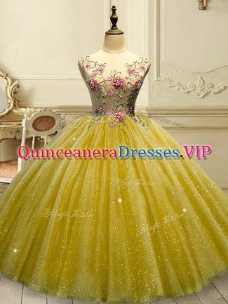 Nice Gold Lace Up Vestidos de Quinceanera Appliques and Sequins Sleeveless Floor Length