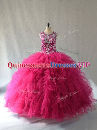 Hot Pink Lace Up Quinceanera Dress Beading Sleeveless