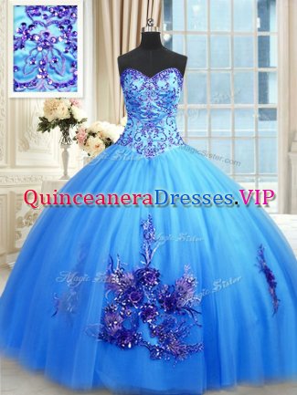 Shining Floor Length Blue Quinceanera Gown Tulle Sleeveless Beading and Appliques and Embroidery