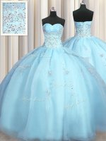 Extravagant Big Puffy Baby Blue Ball Gowns Sweetheart Sleeveless Organza Floor Length Zipper Beading and Appliques Sweet 16 Dress