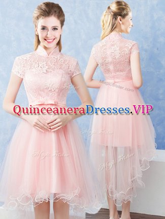 Baby Pink Court Dresses for Sweet 16 Prom and Party and Wedding Party with Lace and Belt High-neck Short Sleeves Zipper