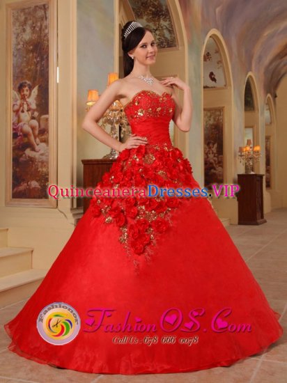 Hand Made Flowers Exclusive Red Quinceanera Dress For Medford Oregon/OR Sweetheart Organza A-line Gown - Click Image to Close