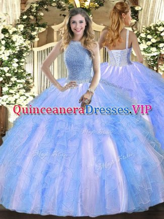 Baby Blue Quinceanera Dress Military Ball and Sweet 16 and Quinceanera with Beading and Ruffles High-neck Sleeveless Lace Up