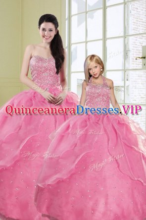 Rose Pink Ball Gowns Sweetheart Sleeveless Organza Floor Length Lace Up Beading and Sequins Quinceanera Gown