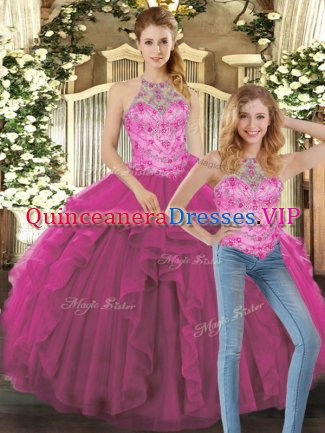 Floor Length Two Pieces Sleeveless Fuchsia 15 Quinceanera Dress Lace Up