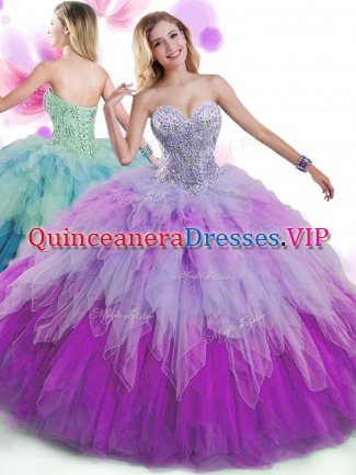 Designer Beading and Ruffles Quinceanera Gowns Multi-color Lace Up Sleeveless Floor Length