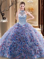 Free and Easy Halter Top Sleeveless Fabric With Rolling Flowers Ball Gown Prom Dress Beading Brush Train Lace Up