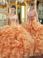 Comfortable Orange One Shoulder Lace Up Beading and Ruffles Quince Ball Gowns Sleeveless(SKU PSSW0624MTBIZ)