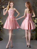 Pink Satin Lace Up Strapless Sleeveless Mini Length Quinceanera Dama Dress Appliques and Bowknot