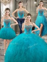 Cheap Four Piece Teal Lace Up Sweetheart Beading and Ruffles Sweet 16 Dresses Tulle Sleeveless