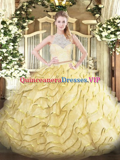 Designer Sleeveless Lace and Ruffles Zipper Quinceanera Dress with Gold Brush Train - Click Image to Close