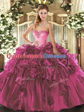 On Sale Fuchsia Ball Gowns Beading and Ruffles Military Ball Dresses For Women Lace Up Organza Sleeveless Floor Length