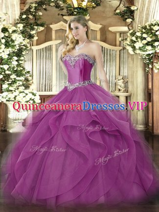 Sophisticated Fuchsia Tulle Lace Up Ball Gown Prom Dress Sleeveless Floor Length Beading and Ruffles