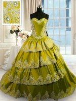 Beading and Appliques and Ruffled Layers Ball Gown Prom Dress Olive Green Lace Up Sleeveless With Train Court Train