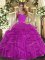 Noble Fuchsia Tulle Lace Up Halter Top Sleeveless Floor Length Ball Gown Prom Dress Ruffles