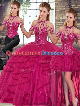 Floor Length Fuchsia Quince Ball Gowns Tulle Sleeveless Beading and Ruffles