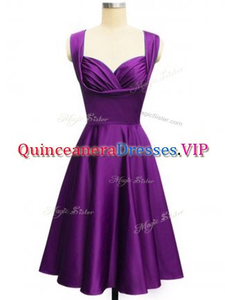 Eggplant Purple Empire Ruching Dama Dress for Quinceanera Lace Up Taffeta Sleeveless Knee Length