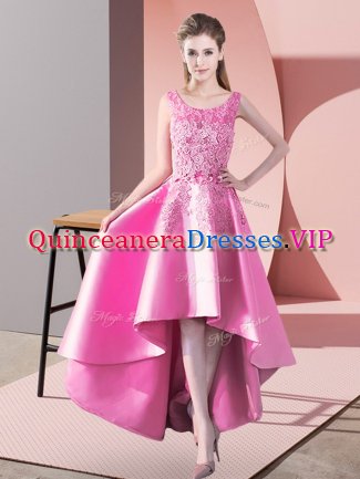 High Low Rose Pink Dama Dress for Quinceanera Satin Sleeveless Lace