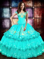 Ruffled Ball Gowns Quinceanera Dresses Turquoise Off The Shoulder Organza Sleeveless Floor Length Lace Up