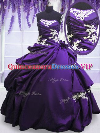 Purple Strapless Lace Up Appliques and Pick Ups 15th Birthday Dress Sleeveless