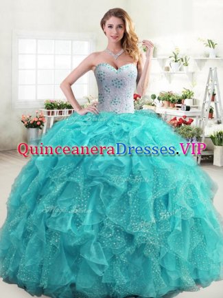 Aqua Blue Lace Up Sweetheart Beading and Ruffles Quince Ball Gowns Organza Sleeveless