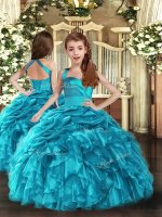 Baby Blue Lace Up Straps Ruffles and Ruching Child Pageant Dress Organza Sleeveless