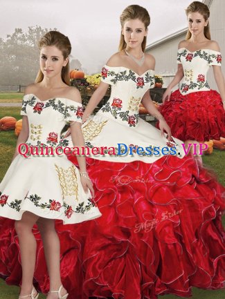 Flirting White And Red Off The Shoulder Lace Up Embroidery and Ruffles Sweet 16 Dresses Sleeveless