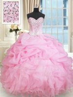 Enchanting Rose Pink Ball Gowns Organza Sweetheart Sleeveless Beading and Ruffles and Pick Ups Floor Length Lace Up Vestidos de Quinceanera