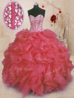 Floor Length Coral Red Sweet 16 Dress Sweetheart Sleeveless Lace Up