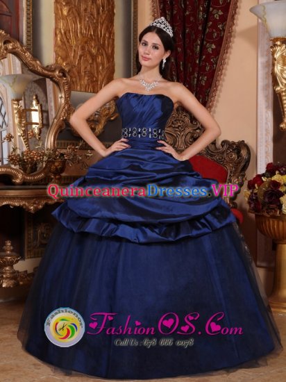 East Liverpool Ohio/OH Customize Navy Blue Pick-ups Beading and Ruch Quinceanera Dress With Strapless Tulle and Taffeta Ball Gown - Click Image to Close