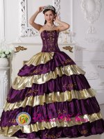 Los Lagos Chile Beautiful Embroidery Decorate Purple and Gold Quinceanera Dress With Floor-length Taffeta