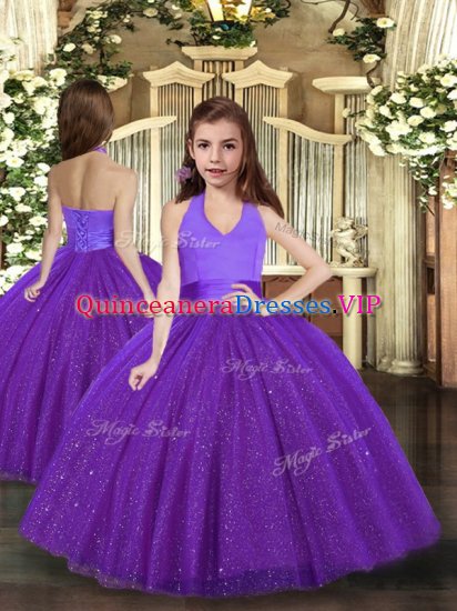 Floor Length Lace Up Little Girls Pageant Dress Wholesale Purple for Party and Wedding Party with Ruching - Click Image to Close