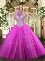 Fuchsia Lace Up Halter Top Beading Quinceanera Dresses Tulle Sleeveless