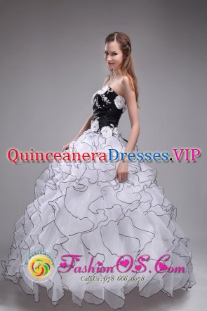 Custom Made Sweetheart Applqiues and Ruffles For The Super Hot White And Black Sweet 16 Dresses In Ocoee FL