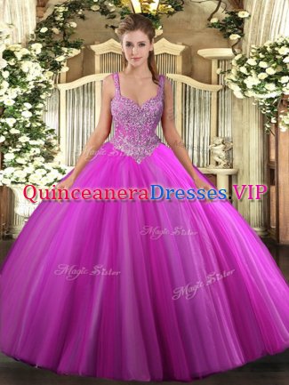 Fuchsia Ball Gowns Beading 15th Birthday Dress Lace Up Tulle Sleeveless Floor Length