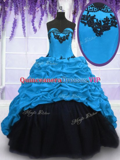 Fancy Blue Quince Ball Gowns Military Ball and Sweet 16 and Quinceanera with Appliques and Pick Ups Sweetheart Sleeveless Sweep Train Lace Up - Click Image to Close