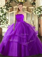 Eggplant Purple Lace Up Strapless Ruffled Layers Sweet 16 Dress Tulle Sleeveless(SKU SJQDDT1599002-3BIZ)