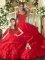 Low Price Red Sleeveless Tulle Lace Up Quince Ball Gowns for Military Ball and Sweet 16 and Quinceanera