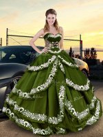 Classical Floor Length Olive Green Sweet 16 Dresses Taffeta Sleeveless Embroidery and Ruffled Layers