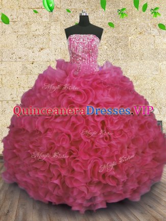 Fitting Hot Pink Ball Gowns Strapless Sleeveless Organza Floor Length Lace Up Beading and Ruffles Ball Gown Prom Dress