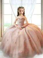 Pink Tulle Lace Up Sweetheart Sleeveless Floor Length Little Girl Pageant Gowns Beading and Appliques