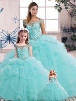 Sleeveless Beading and Ruffles Lace Up Quince Ball Gowns