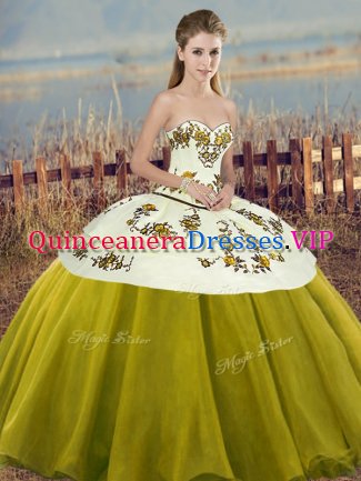 Nice Sweetheart Sleeveless Quinceanera Gowns Floor Length Embroidery and Bowknot Olive Green Tulle