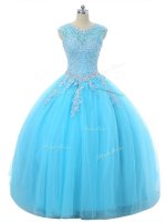 Custom Designed Tulle Scoop Sleeveless Lace Up Appliques 15th Birthday Dress in Aqua Blue