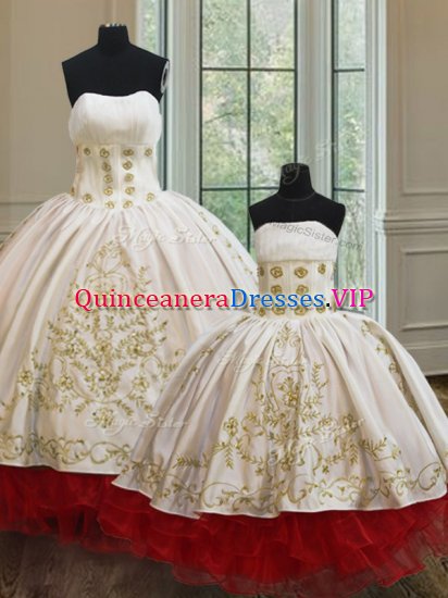 Simple White and Red Quince Ball Gowns Military Ball and Sweet 16 and Quinceanera with Embroidery and Ruffled Layers Strapless Sleeveless Lace Up - Click Image to Close