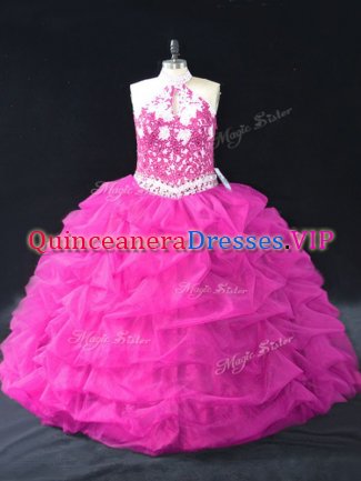 Perfect Fuchsia Halter Top Backless Beading and Lace and Pick Ups Sweet 16 Dress Sleeveless