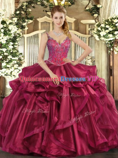 Traditional Wine Red Organza Lace Up Straps Sleeveless Floor Length Quinceanera Gown Beading and Ruffles - Click Image to Close