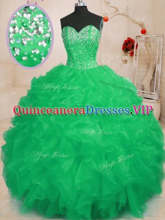 Deluxe Sweetheart Sleeveless Quinceanera Gowns Floor Length Beading and Ruffles Turquoise Organza